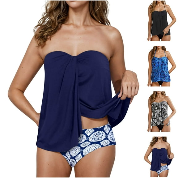 lcziwo Clearance Items Tankini Bathing Suits for Women Halter Swim Top with Bottom 2 Piece Sets Summer Sleeveless Tummy Control Swimsuit Vacation Beach Outfits Black XXL