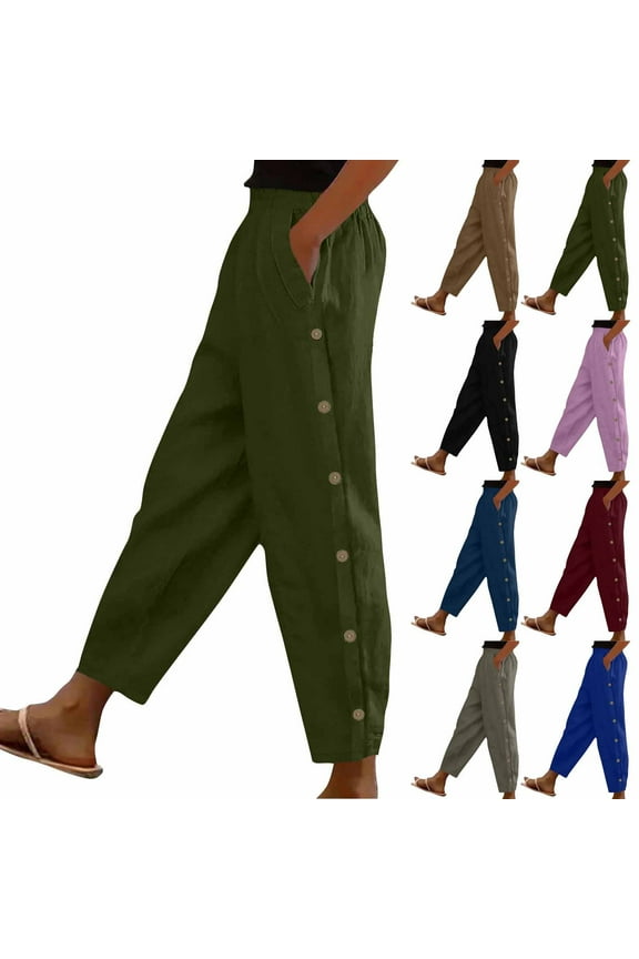 Women's High Split Snap Button Linen Pants Casual Post Surgery Lounge Yoga Pants Summer Lightweight Beach Pants with Pockets Black XL