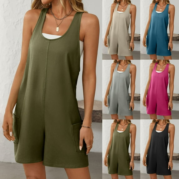 lcziwo Ofertas en Walmart, Womens Summer Casual Sleeveless Rompers Solid Color Crew Neck Onesie Shorts Loose Wide Leg Short Jumpsuit with Pockets Loungewear Khaki XXL