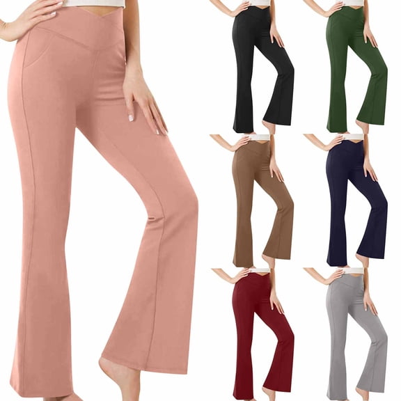lcziwo Clothes Leggings with Pockets for Women Casual Cross High Waisted Flare Yoga Pants Solid Color Full Length Bell Bottom Bootcut Pants Black L