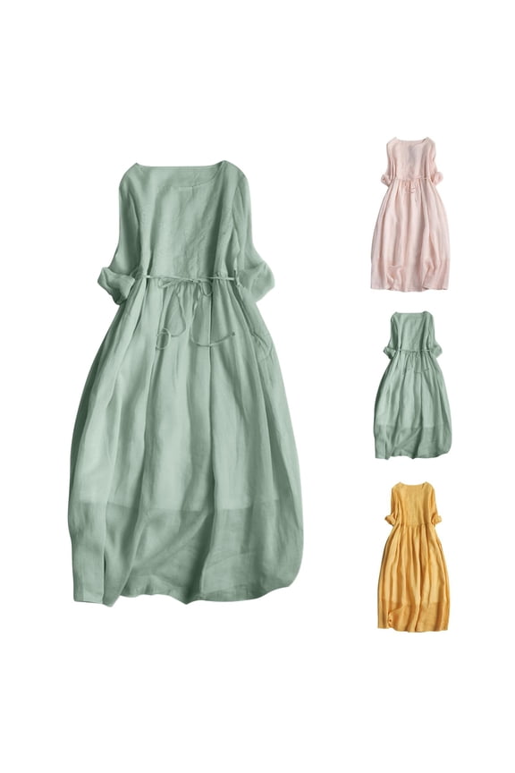 Cotton Linen Long Dress for Women Embroidered Short Sleeve Dress Tie Waist A Line Midi Dress Solid Color Flowy Dresses Pink M