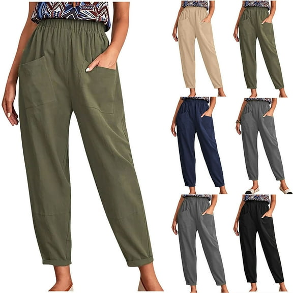 lcziwo Cotton Linen Pants for Women Elastic High Waist Straight Leg Pants Baggy Comfy Lounge Trousers with Pockets Green XXXL