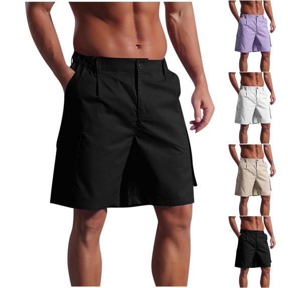 lcziwo Cotton Shorts Men Casual Summer Hiking Shorts Multi Pockets Solid Color Outdoor Travel Zipper Fly Work Shorts White L