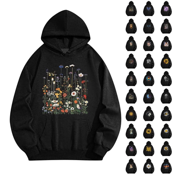 lcziwo Couples Oversized Sweatshirt Unisex Fleece Long Sleeve Hoosies Cute Floral Graphic Hooded Pullover with Pocket, Black, M