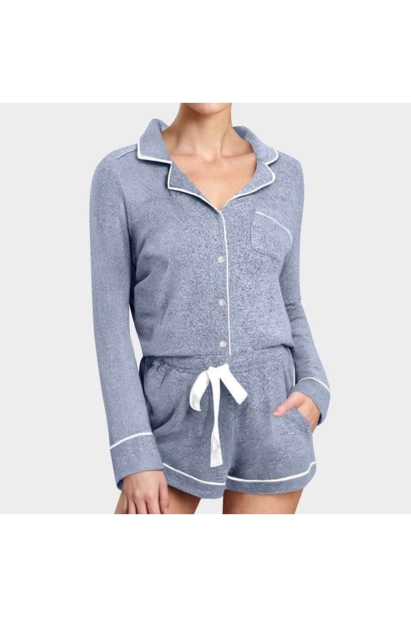 Cozy Pajamas for Women Summer Solid Color Loungewear Long Sleeve Lapel Tshirt and Drawstring Shorts 2 Piece Set Blue M