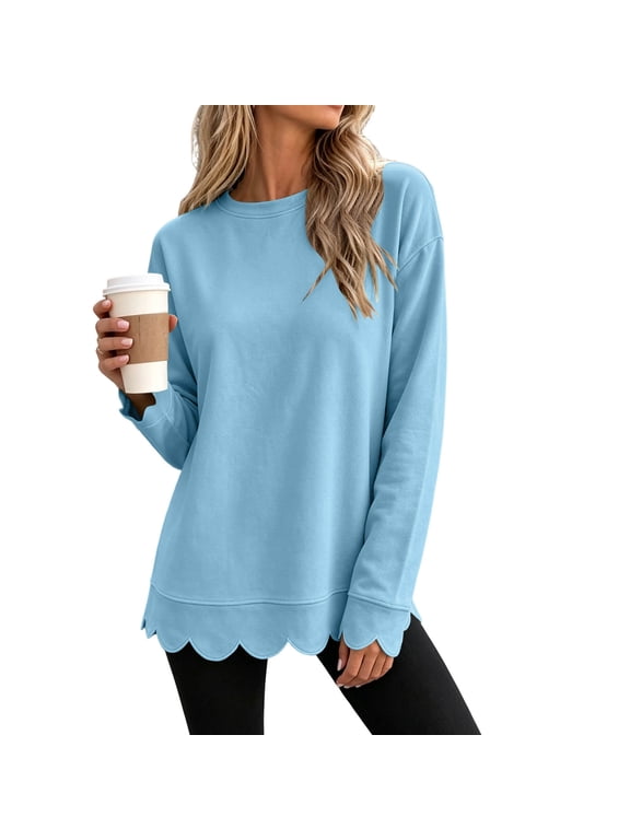 Crewneck Sweatshirts Women Oversized Scalloped Hem Sweat Shirt Basic Plain Y2k Fall Tunic Sweatshirt Pullover Tops Sky Blue,XXL