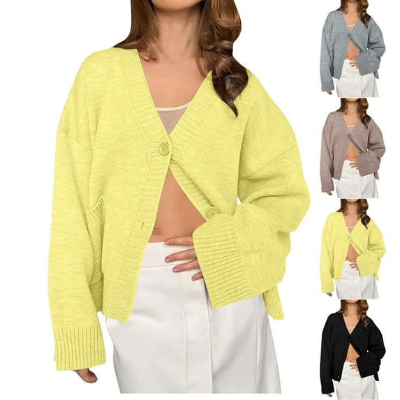 lcziwo Cropped Cardigan Sweaters for Women Button Open Front Long Sleeve Knit Bolero Solid Casual V Neck Cute Tops with Pockets Yellow M, Mothers Day Gifts