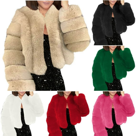 lcziwo Lightning Sale Cropped Faux Fur Jackets for Women Long Sleeve Open Front Coats Winter Solid Color Padded Warm Thicken Elegant Outerwear,Red,S