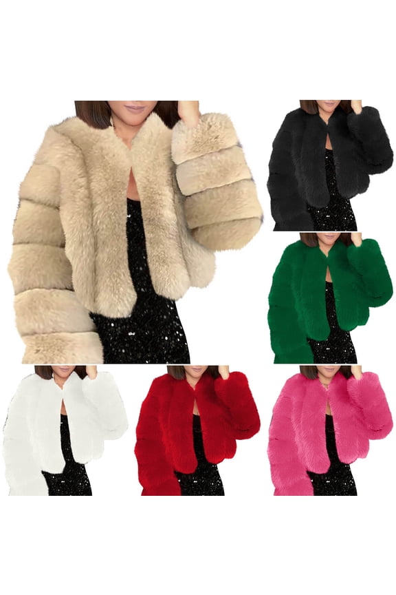 Lightning Sale Cropped Faux Fur Jackets for Women Long Sleeve Open Front Coats Winter Solid Color Padded Warm Thicken Elegant Outerwear,Red,S