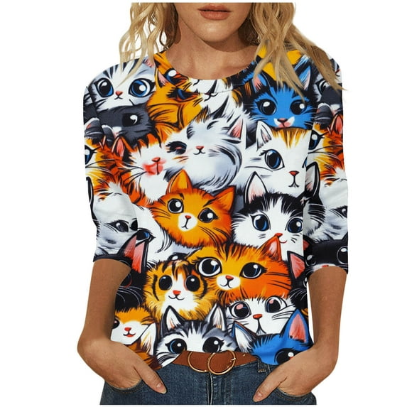 lcziwo Cute Cat Print Shirts for Women 3/4 Length Sleeve Tops Basic Casual Crew Neck Blouses Trendy Daily Comfy 2025 Tunic Tees Blue,S