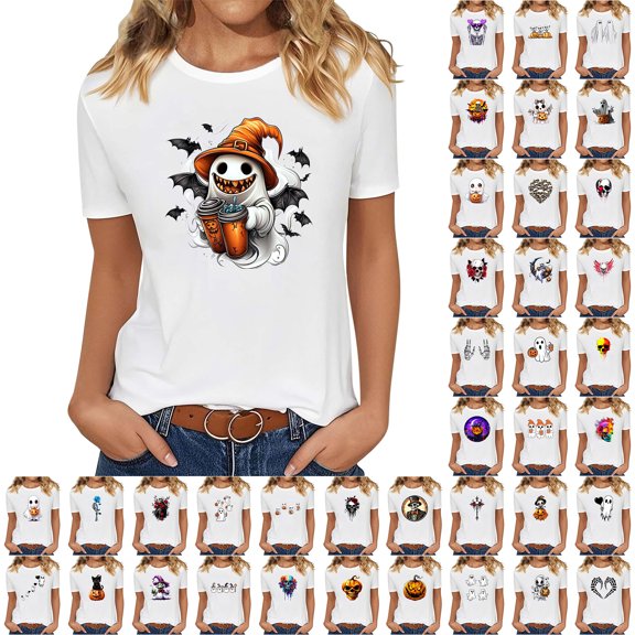 lcziwo Cute Graphic Tees for Women Cotton Casual Short Sleeve T Shirts Halloween Print Crewneck Blouse Tops, White, M