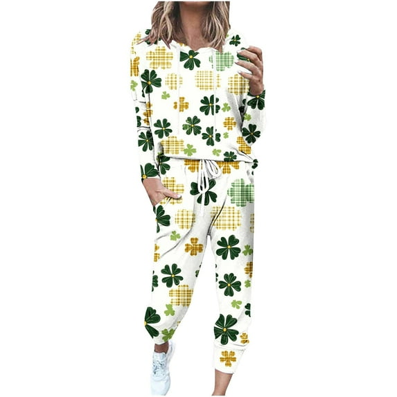 lcziwo Cute Holiday Outfits for Women 2 Piece St.Patrick's Day Sweatsuit Shamrock Graphic Long Sleeve Hoodies with Elastic Waist Drawstring Joggers Loungewear Saving Deals,Green,XXL