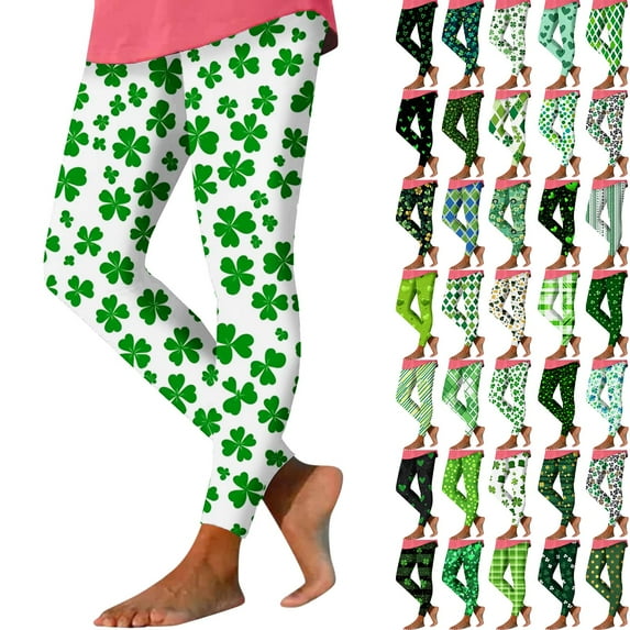 lcziwo Sale of The Day Prime Today, St Patricks Day Leggings for Women High Waisted Tummy Control Workout Leggings Fashion Shamrock Leaves Print Irish Green Soft Yoga Pants Green S