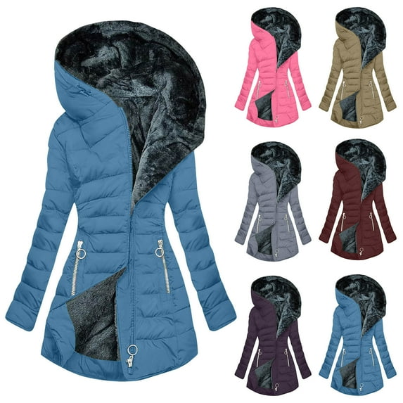 lcziwo Deals Today Plus Size Winter Coats for Women 2024 Fleece Lined Long Hooded Jacket Winter Zip Up Fuzzy Outerwear Jackets with Pockets,Blue,XXXL
