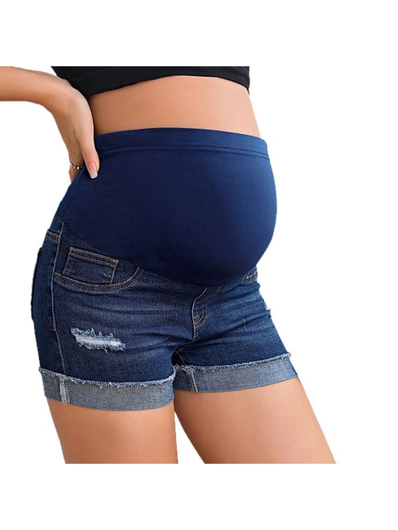 Denim Shorts Women High Waisted Maternity Over Belly Support Pregnancy Shorts Stretch Poll up Hem Ripped Jean Shorts Dark Blue,L