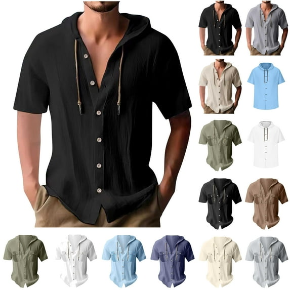 lcziwo Dollar Sales Mens 2025 Summer Lightweight Short Sleeve Shirts Casual Button Down Hooded Shirts Solid Color Blouse Breathable Holiday Beach Tops