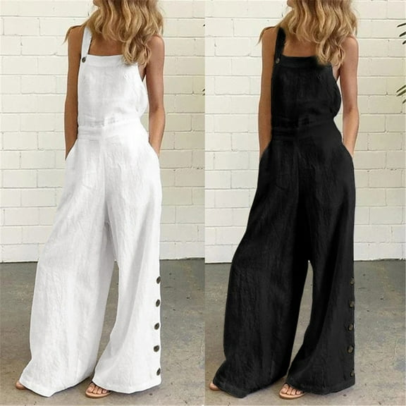 lcziwo Dollar Sales, Womens Casual Loose Bib Overalls with Pockets Solid Color Wide Leg Jumpsuits Button Bottom One Piece Jumper Pants 2025 Summer Fashion Beach Outfits