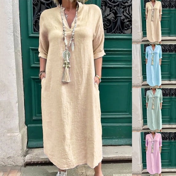 lcziwo Dresses for Women with Pockets Linen Plus Size Long Sleeve Maxi Dress Solid Color Loose Flowy V Neck Holiday Sundresses Green XXXXXL