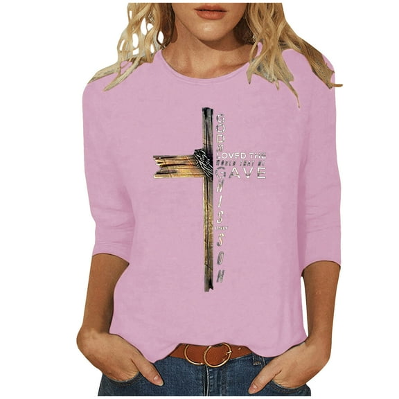 lcziwo Dressy Easter Shirts for Women 3/4 Sleeve Blouses Fashion Bunny Print Shirt Loose Fit Cute Tee Casual Summer 2025 Tops Pink,S