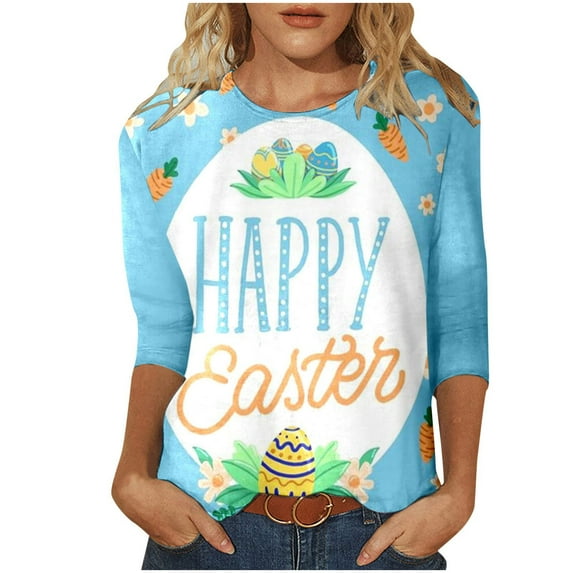 lcziwo Easter Bunny Shirts for Women Cute Bunny Graphic Tees Three Quarter Sleeve T Shirt Casual Dressy Summer 2025 Holiday Loose Tops