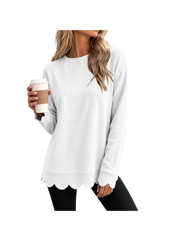 Fall Sweatshirt for Women Oversized Crew Neck Scalloped Hem Sweat Shirt Cute Y2k Tunic Sweatshirts Pullover Tops White,XL
