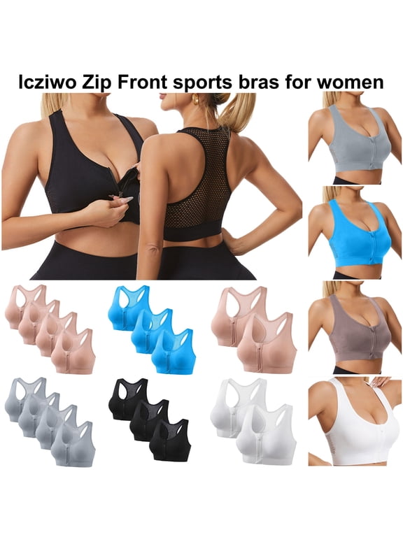 lcziwo Female 4PC Zip Front Sports Bras Post-Surgery Compression Bra Breathable Workout Full Coverage Wireless Bralette Black XL