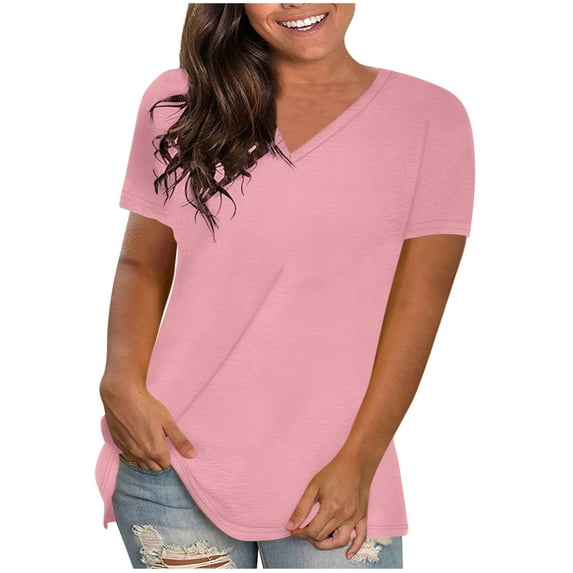 lcziwo Fitted V Neck T Shirts for Women Short Sleeve Plain Blouses Casual Fashion Comfortable Loose Fit Tops Casual Summer 2025 Tees Pink,L