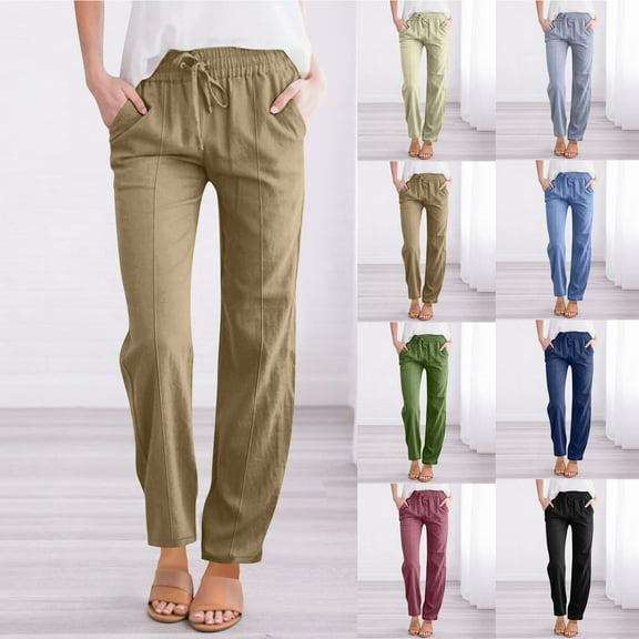 lcziwo Cotton Linen Beach Pants for Women Summer Loose Straight Leg Lounge Trousers Casual Drawstring Elastic Waist Sweat Pants with Pockets Navy 3XL