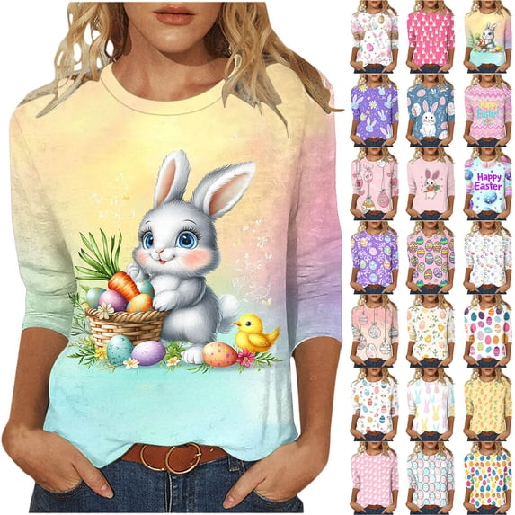 lcziwo Women's Happy Easter Shirt 3/4 Sleeve Funny Tops Cute Rabbit Graphic Tees Spring Loose Fit T-Shirts Plus Size Blouses Pink XXXXL