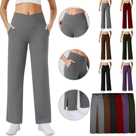 lcziwo Womens High Waisted Crossover Yoga Pants with Pockets Solid Casual Split Straight Leg Workout Pants Gym Sport Leggings Army Green S