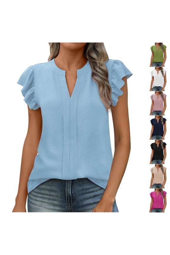 Womens Tops Dressy Casual Ruffle Short Sleeve V Neck Shirts Summer Work Business Blouses Solid Color Tees Shirt Pink M