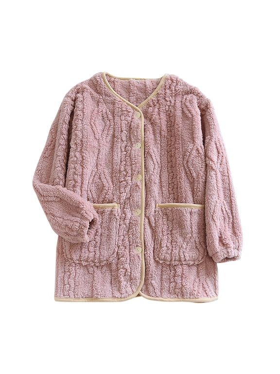 Fleece Bed Jackets for Women Flannel Thick Long Sleeve Pajamas Button Down Sleepwear Fuzzy Warm Loungewear with Pockets Pink,L