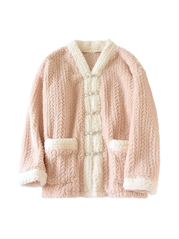 Fleece Bed Jackets for Women Fuzzy Button Down Color Block Loungewear Thick Flannel Winter Warm Sleepwear with Pockets Pink,L