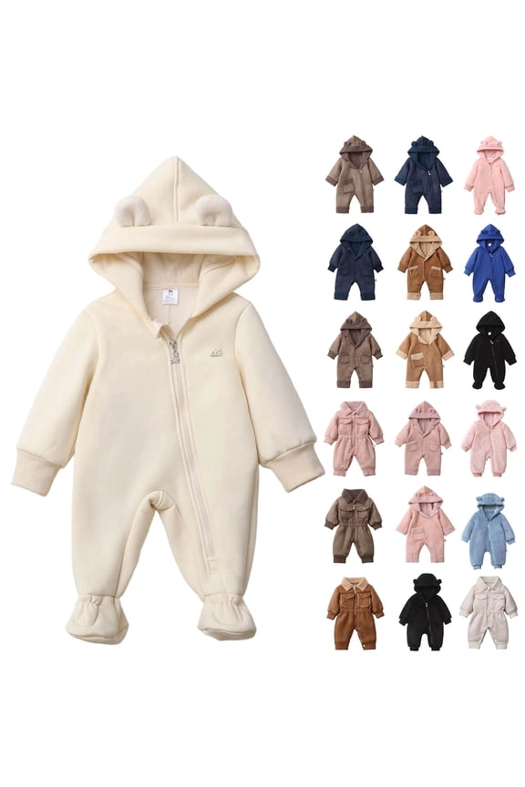 Fleece Jumpsuit Cute Bear Ear Hooded Onesies Zipper Long Sleeve One Piece Romper Hoodie Outwear Snowsuit Blue