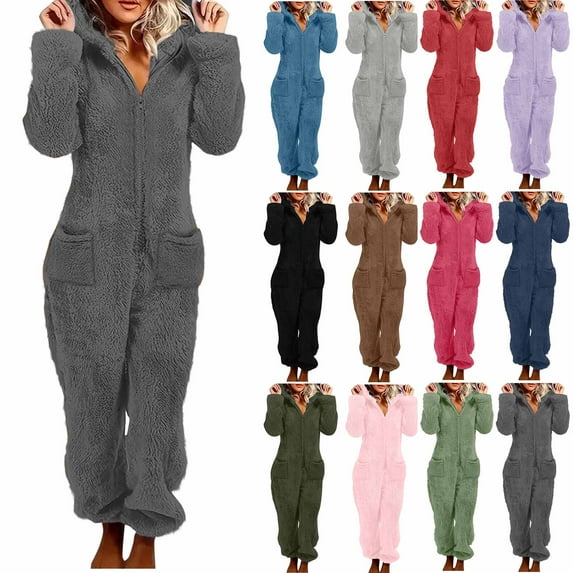 lcziwo Fleece Warm One Piece Pajamas Jumpsuits for Women Adult Onesies Plush Sleepwear Solid Color Long Sleeve Hooded Playsuit Loungewear, Black, L
