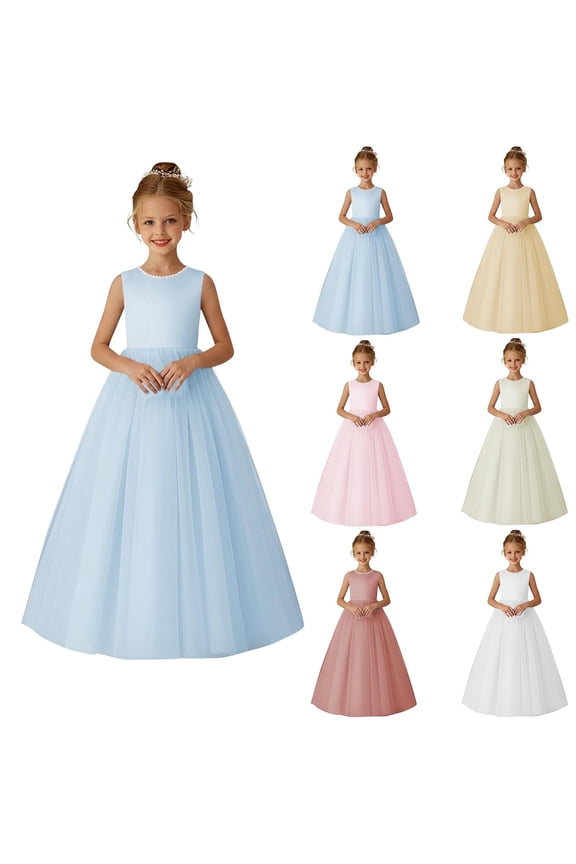 Flower Girl Dress Summer Solid Color Mesh Birthday Dress Sleeveless Ball Gowns with Bow Knot Back to School Uniform Hot Pink