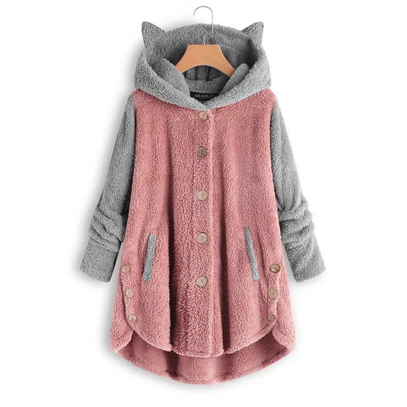 lcziwo Fluffy Hoodie,2024 Womens Fleece Cat Ear Hoodie Plus Size Button Sweater Sweatshirt Hem Jacket Coat Solid Pullover Tops with Pockets