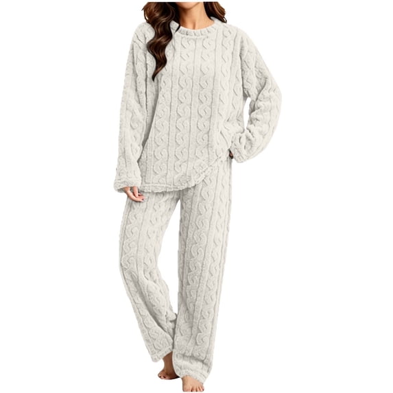 lcziwo Fluffy Pajama Set for Women Winter Warm Fleece Sleepwear Comfy Soft Plush Pjs 2 Piece Loungewear Fuzzy Ribbed OutfitsBeige,Free Size