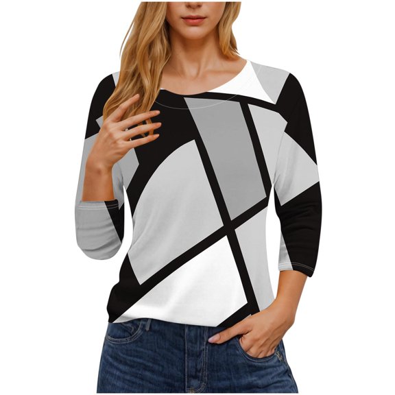 lcziwo Geometric Print Tops for Women Funny Patchwork Print 3/4 Length Sleeve Shirts Casual Fashion Spring Summer Tops Loose Soft Cute T Shirt 2025 Gray,S