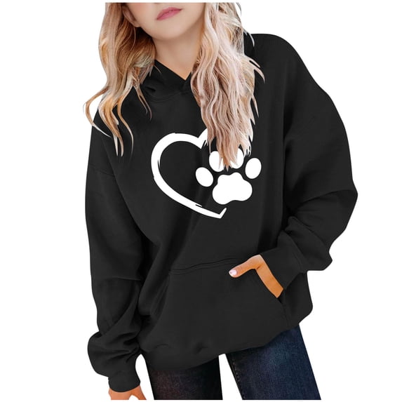 lcziwo Girl Graphic Hoodies Oversized Cute Paw Print Crew Neck Hooded Sweatshirts with Pockets Daliy Long Sleeve Hoodie 2026 Black,11-12 Years