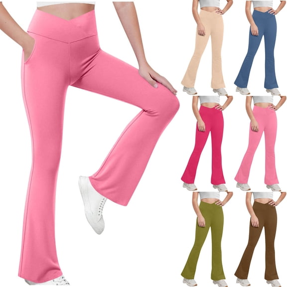lcziwo Girl's Cross High Waisted Flare Leggings Solid Color Bootcut Yoga Pants Full Length Bell Bottoms Workout Trousers, Beige, 12 Years