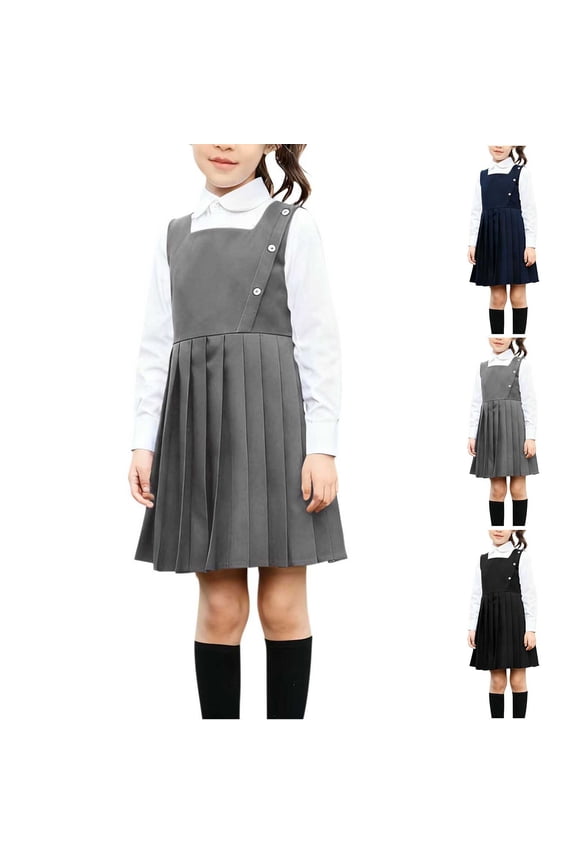 Girls 2 Piece Uniform Jumper Kids Long Sleeve White Shirts and Pleated Dress Cute Back to School Outfits Black
