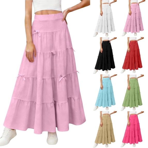 lcziwo Girls Bowknot Maxi Skirt Casual Cute Elastic High Waist Pleated Long Skirt Summer Boho Flowy Swing A Line Tiered Skirts Green