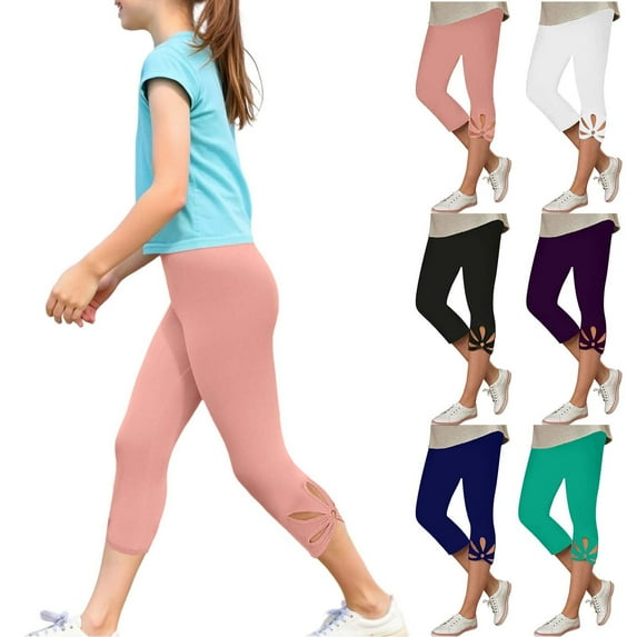 lcziwo Girls Cropped Yoga Leggings Stretchy High Elastic Waist Tights Kids Summer Workout Lace Trim Legging Capri Pants Pink 13 Years