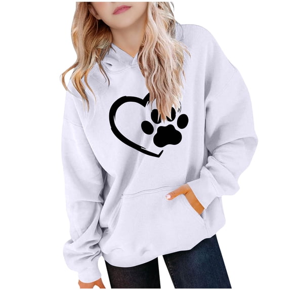 lcziwo Girls Graphic Hoodie Casual Cute Paw Print Graphic Crewneck Hooded Sweatshirts with Pockets Long Sleeve Hoodies 2026 White,13-14 Years