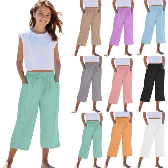 lcziwo Girls Linen Capri Pants with Pockets Casual Loose Comfy Straight Capris Children Drawstring Elastic Waist Lounge Cropped Trousers, Black, 4 Years