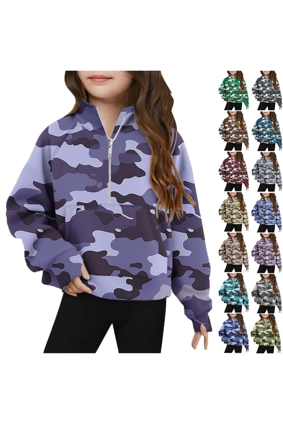 Girls Long Sleece Thumb Hole Sweatshirts Fall Casual Half Zip Pullover Trendy Camo Print Tops with Pockets, Birthday Gifts!