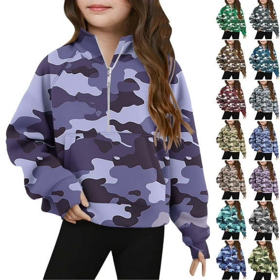 lcziwo Girls Long Sleece Thumb Hole Sweatshirts Fall Casual Half Zip Pullover Trendy Camo Print Tops with Pockets, Blue, 9 Years