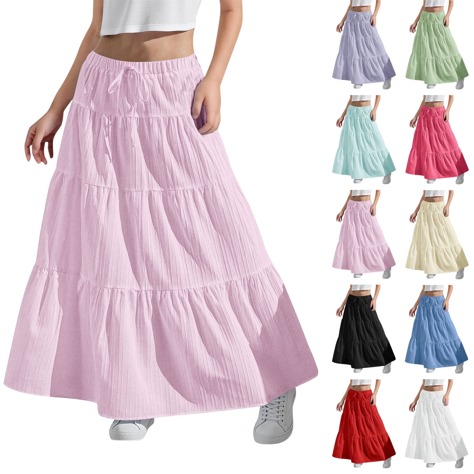 lcziwo Girls Maxi Skirts Boho Casual Tiered High Waist A Line Flowy ...