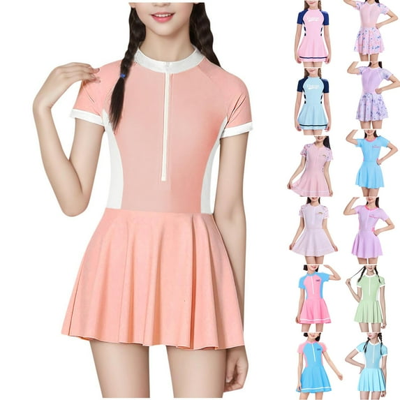 lcziwo Girls Rash Guard Bathing Suit Short Sleeve One Piece Swimsuit Color Block Zipper Swim Dress for Teenagers Pink 13 Years Clearance Sale